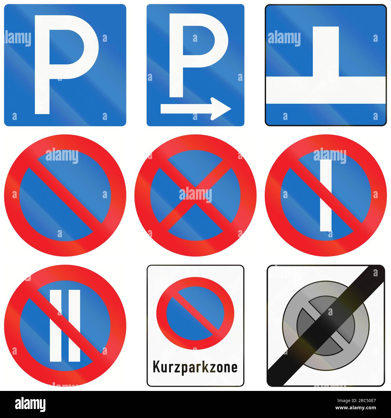 Collection of Austrian traffic signs about parking permission and restriction. Stock Photo