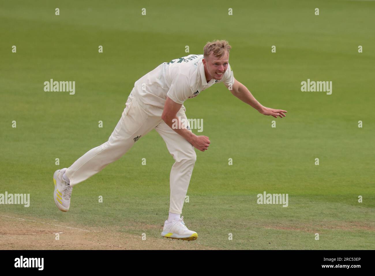 London, UK. 12th July, 2023. Nottinghamshire's Lyndon James bowling as Surrey take on Nottinghamshire in the County Championship at the Kia Oval, day three Credit: David Rowe/Alamy Live News Stock Photo