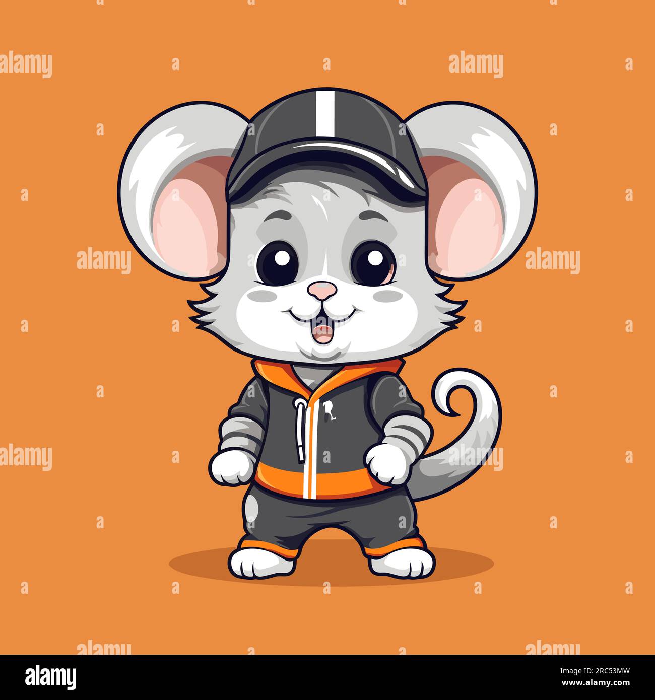 Cartoon mouse wearing baseball cap and black and orange hoodie. Stock Vector