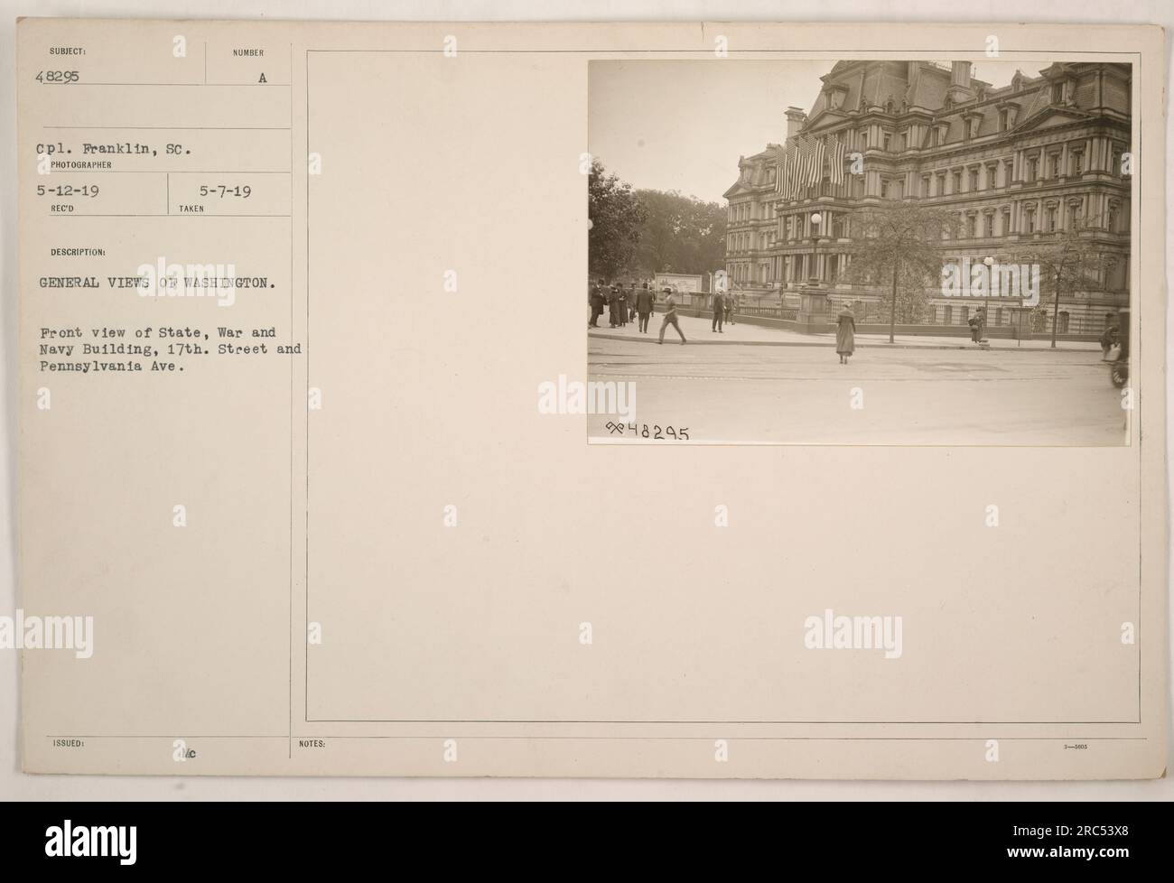 Front view of the State, War and Navy Building, located on 17th Street and Pennsylvania Ave in Washington, D.C. The photograph was taken by cpl. Franklin on May 12, 1919. It is part of a series of general views of Washington. The image was issued on May 7, 1919, with the assigned number 48295. Stock Photo