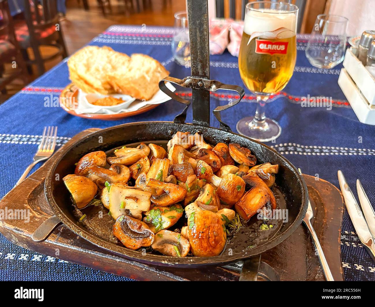 Local starter dish of field mushrooms in Bulgarian Restaurant, City Centre, Sofia, Republic of Bulgaria Stock Photo