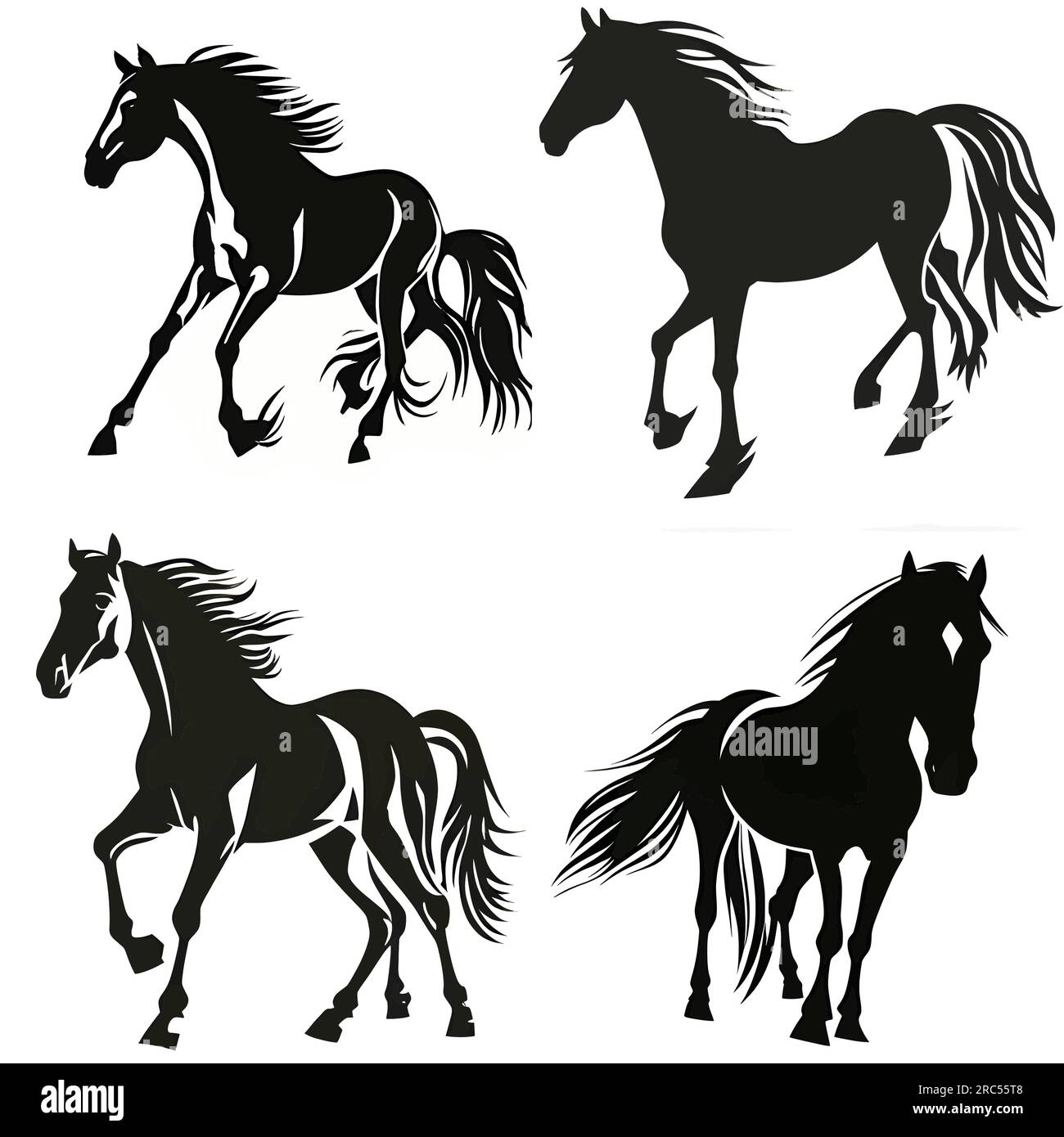 Vector illustration of horses in black silhouette against a clean white
