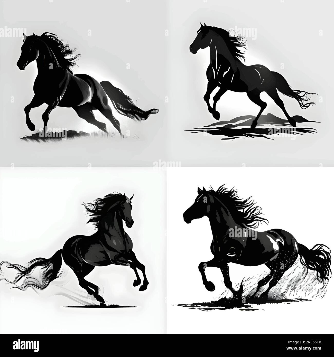 Vector illustration of horses in black silhouette against a clean white