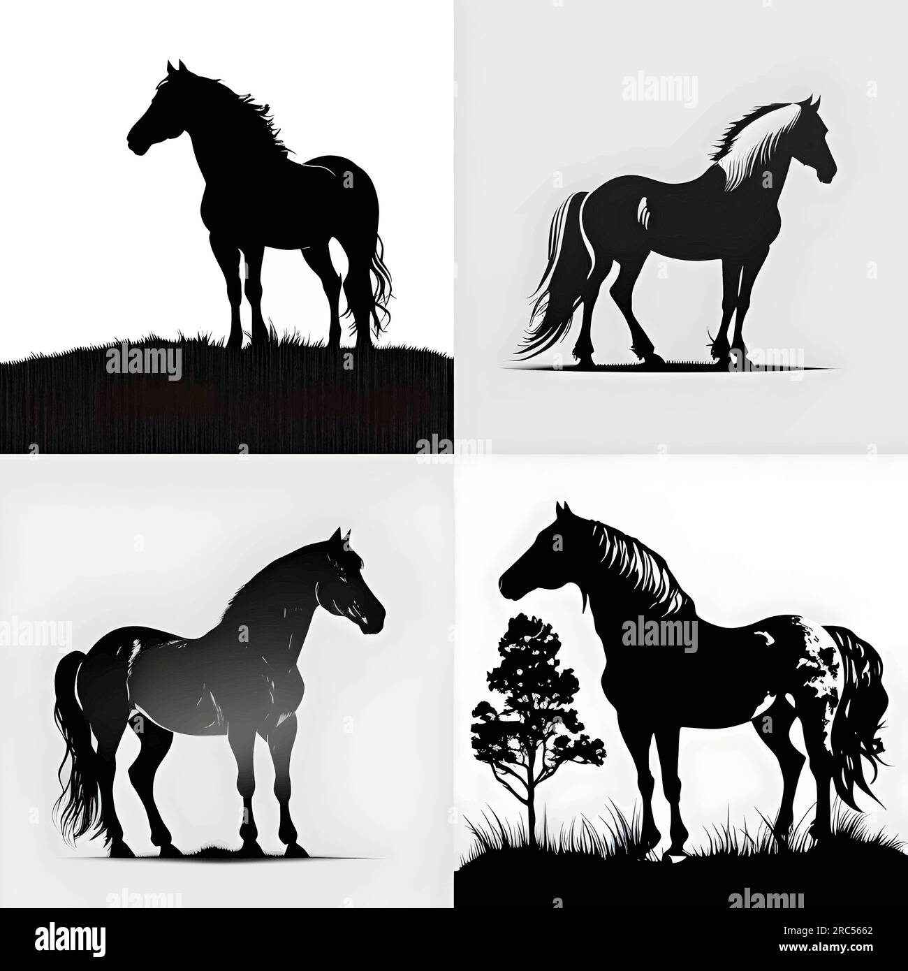 Vector illustration of horses in black silhouette against a clean white