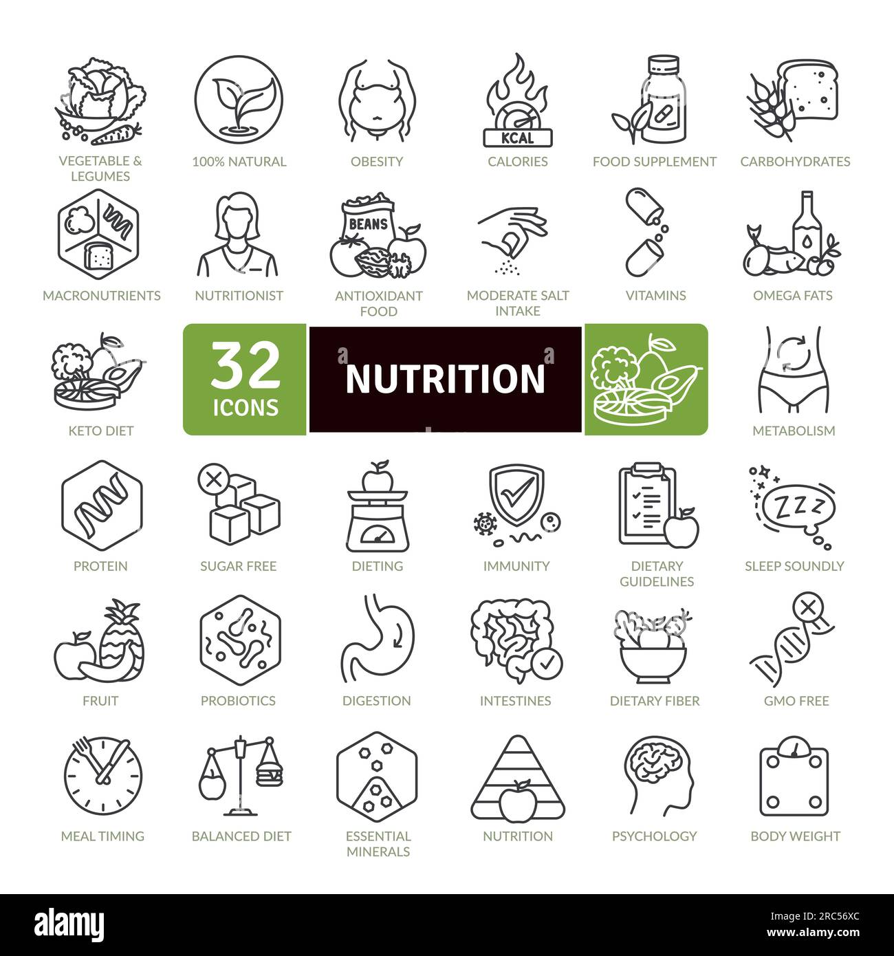 Nutrition and healthy eating icon pack. Collection of thin line icons that support digital navigation Stock Vector