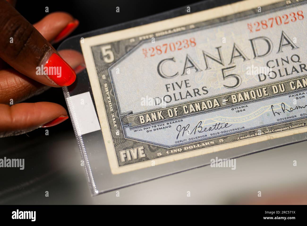 Ottawa, Canada, July 12, 2023. A 1954 Bank of Canada five dollar note is  displayed at