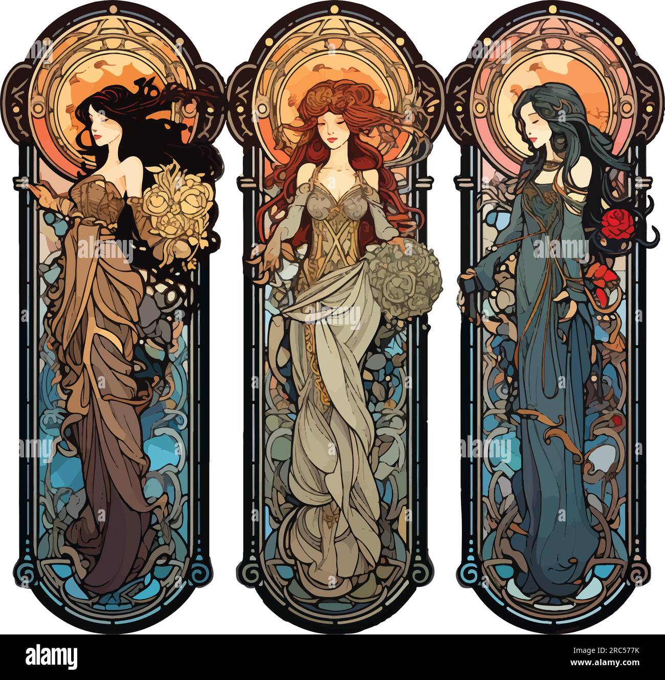 Art nouveau style drawing of three women with cartouche frames, Greek muses Stock Vector