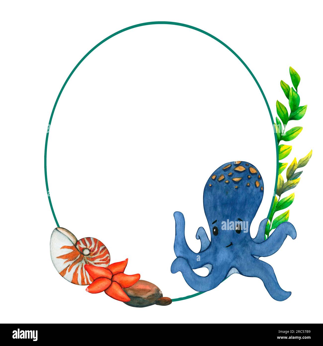 Shell Octupus Frame Watercolor frame cute octopus, stones, starfish, shell and green ...