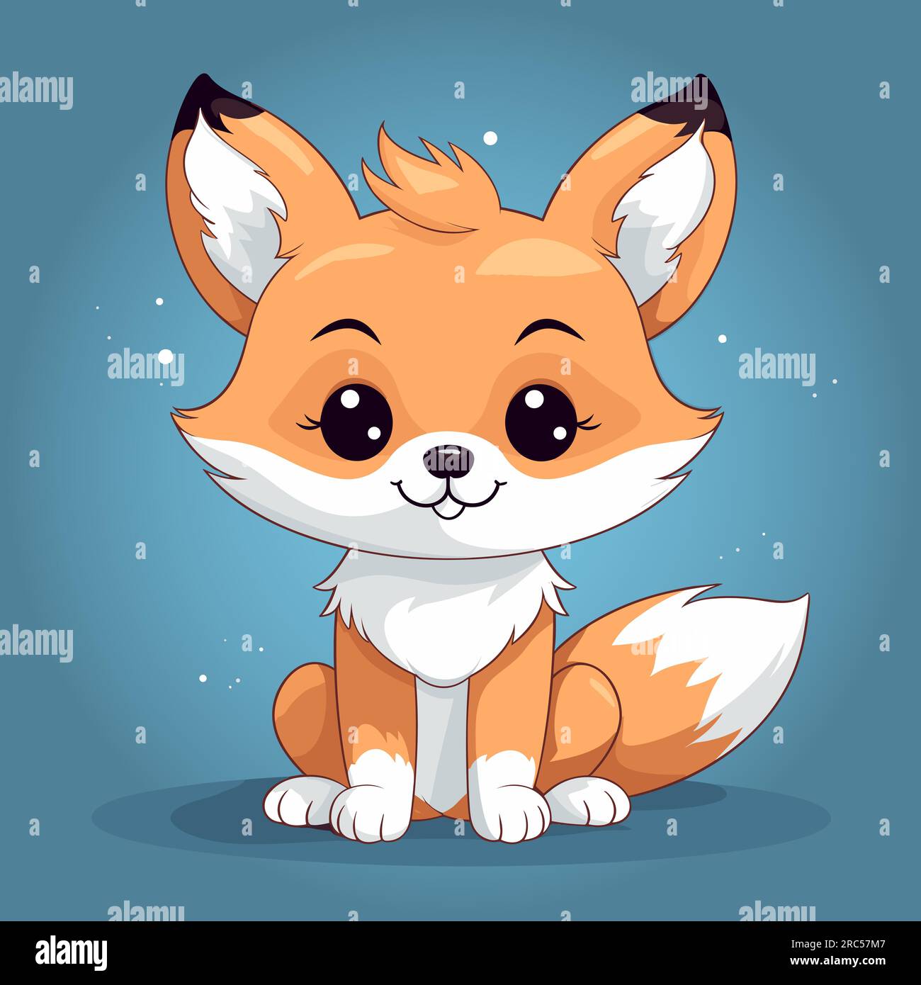 Cute little fox sitting down on blue background with snow flakes Stock