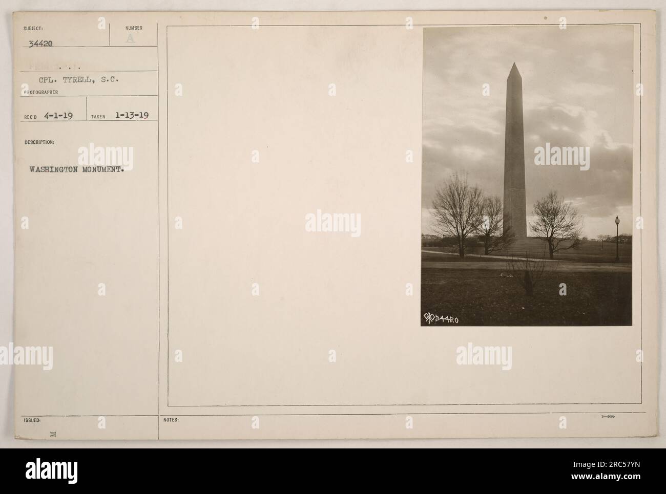 Corporal Tyrell of the US military captured this image of the iconic Washington Monument during World War One. The photograph was taken on January 13, 1919, and it is part of the official collection under the issued number 34420. Stock Photo