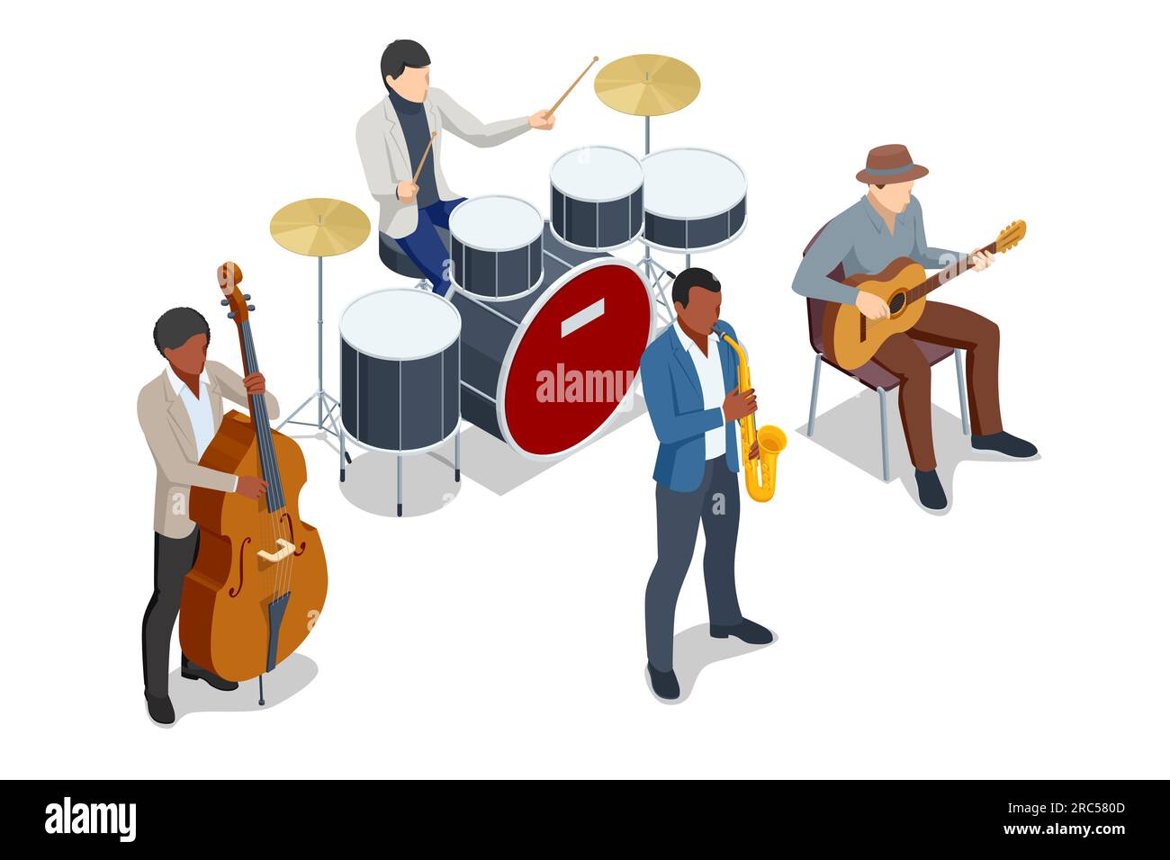 Isometric Jazz festival Concept. Saxophone, double bass, Black Drum Kit