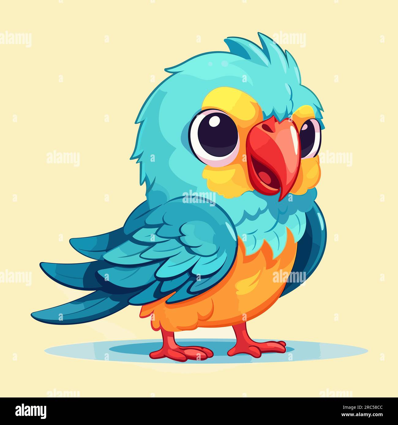 Blue and yellow bird with big eyes on light yellow background