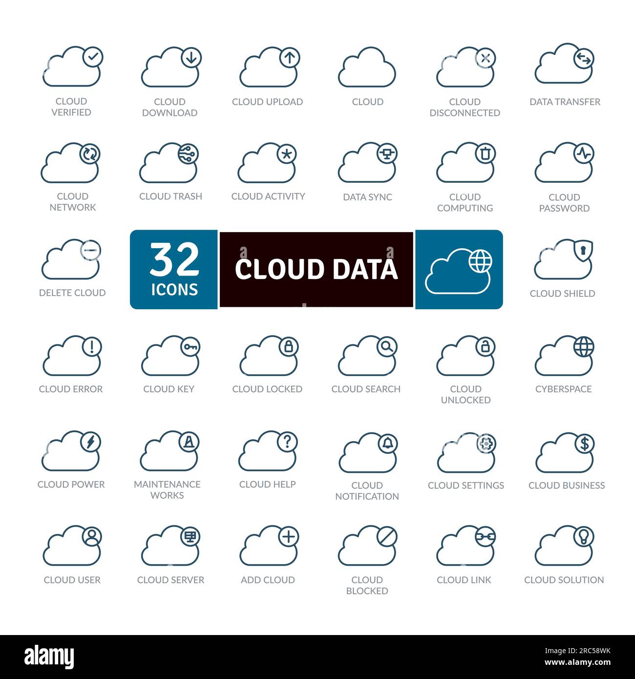 Data Cloud icons Pack. Thin line Collection Data Cloud Management Stock Vector
