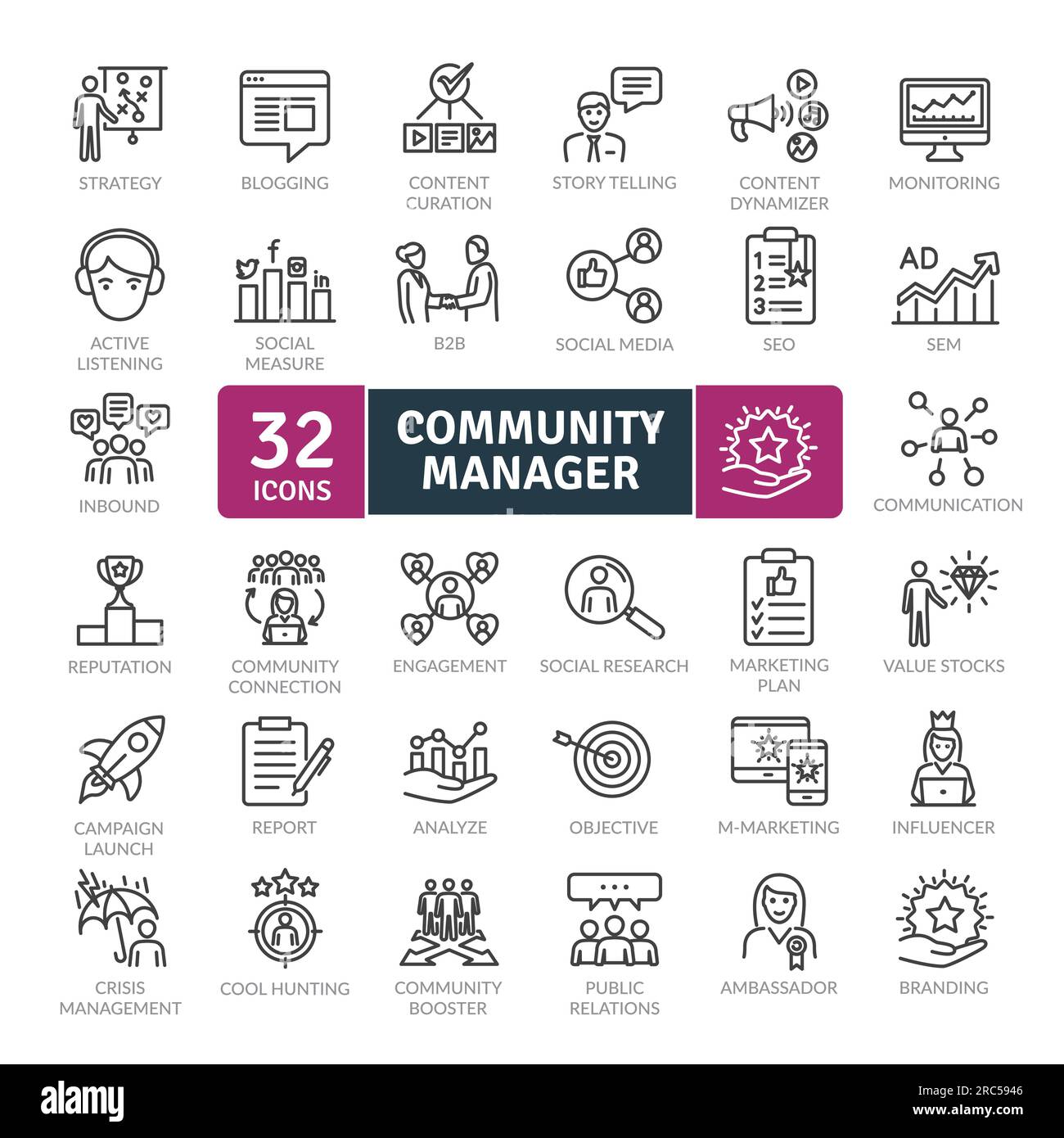 List of icons for community manager tasks such as social network management, data analysis or work team management Stock Vector