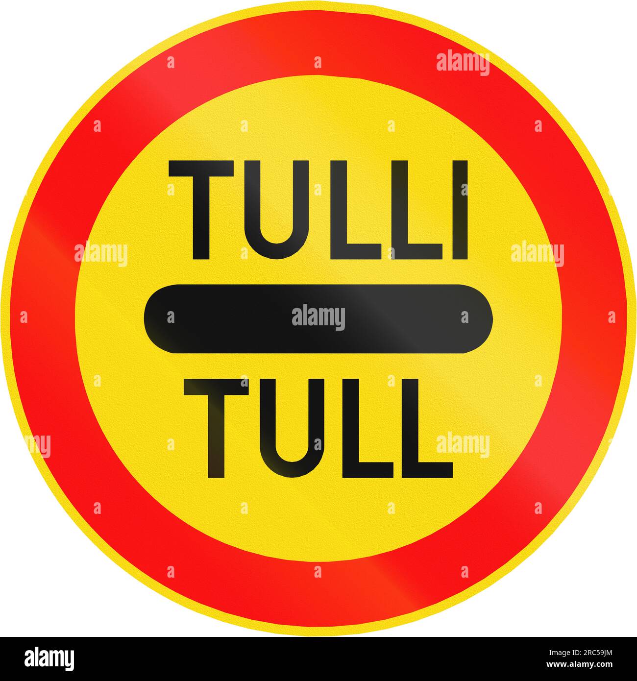 Road sign 391 in Finland - Customs checkpoint ahead, passing without stopping first prohibited - Tulli/Tull means customs in Finnish and Swedish Stock Photo