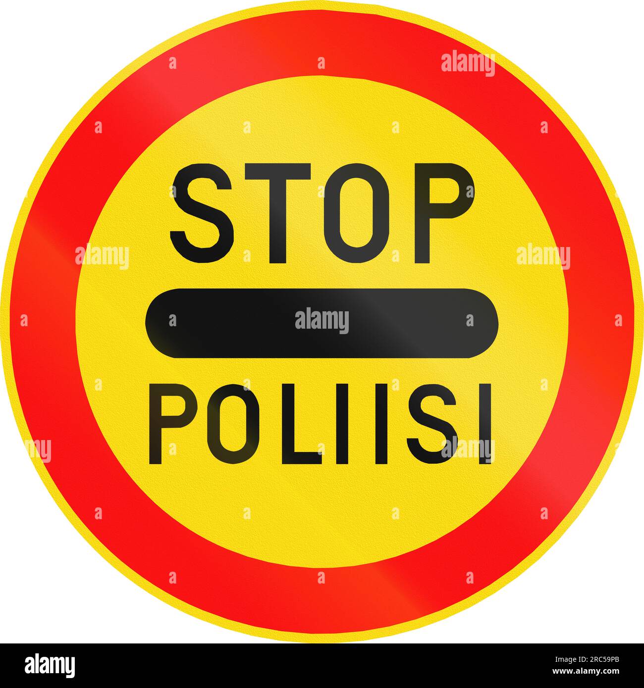 Road sign 392 in Finland - Police checkpoint ahead, passing without stopping first prohibited. The words mean stop - police. Stock Photo