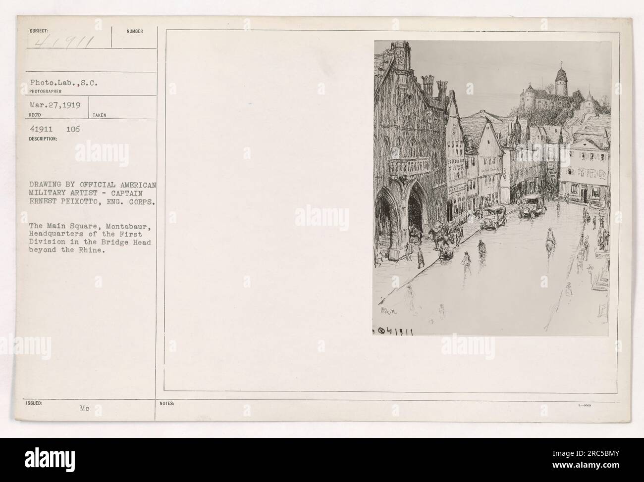 Official drawing by Captain Ernest Peixotto, Engineering Corps, depicting the main square of Montabaur, the Headquarters of the First Division during World War One. This image captures the Bridge Head beyond the Rhine. Taken by the Photo Lab in 1919 with the reference number 111-SC-41911. The caption also mentions the photograph's notes: 8041311. Stock Photo