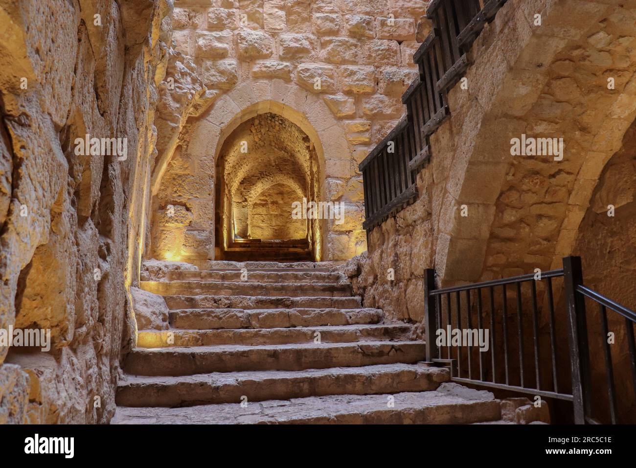 An old historical castle - staircases inside Ancient Ajloun castle in Jordan (Islamic Arabic history) military fort Stock Photo