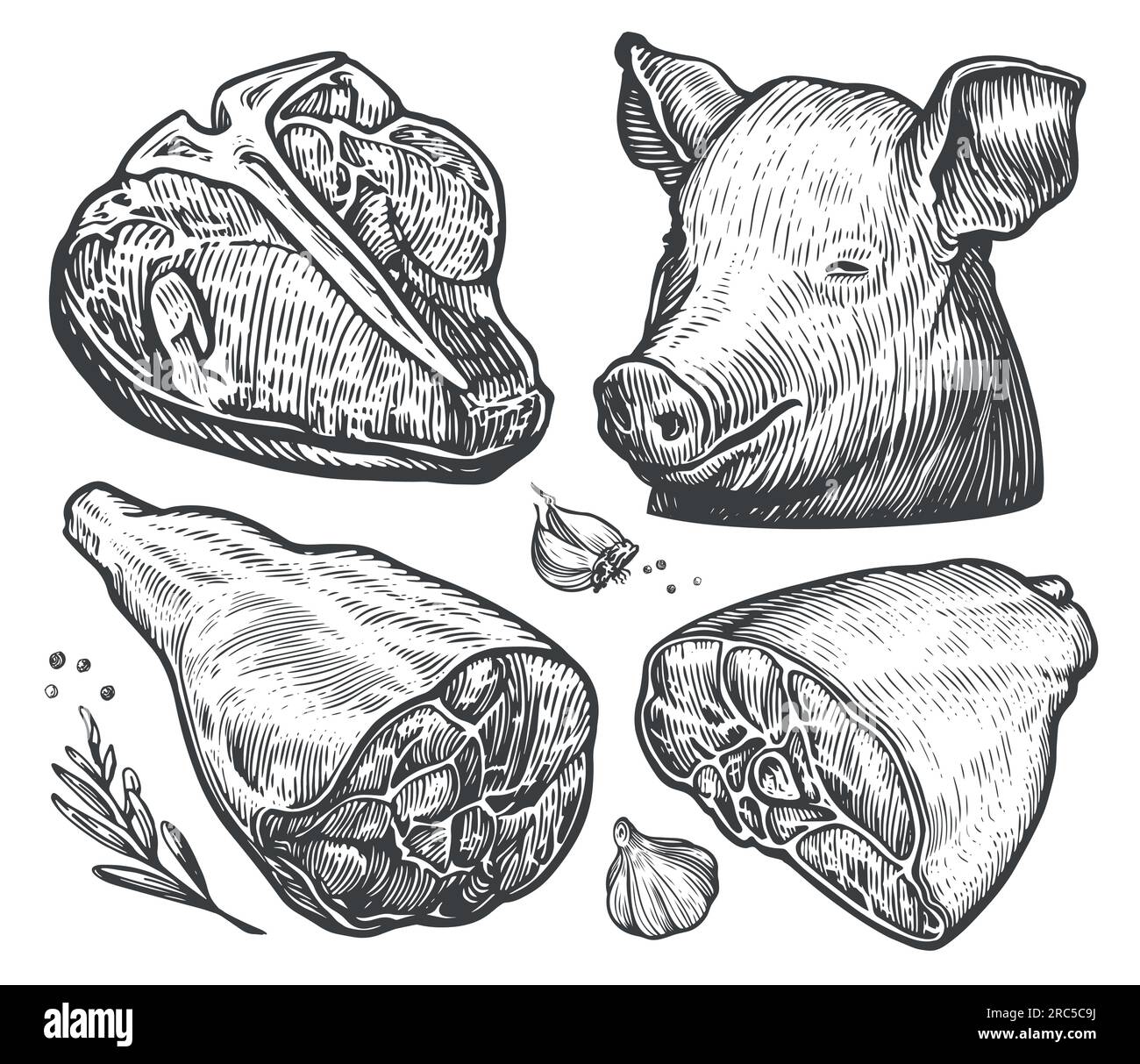 Set of meat cuts. Beef steak, ham, bacon, pig head. Farm food concept