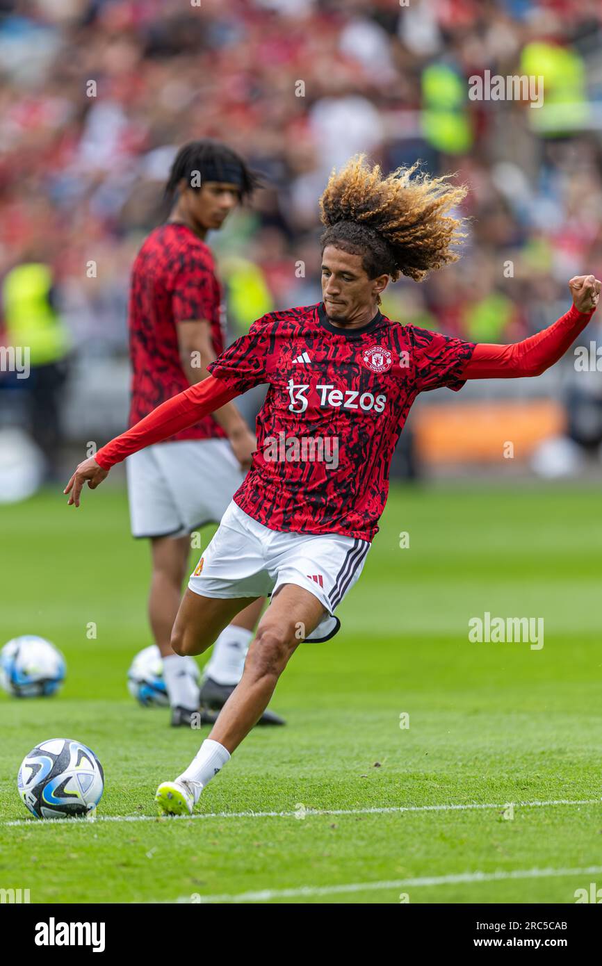 Oslo, Norway 12 July 2023 Hannibal Mejbri of Manchester United warm up training session prior to the pre season football friendly match between Manchester United and Leeds United held at the Ullevaal Stadium in Oslo, Norway credit: Nigel Waldron/Alamy Live News Stock Photo