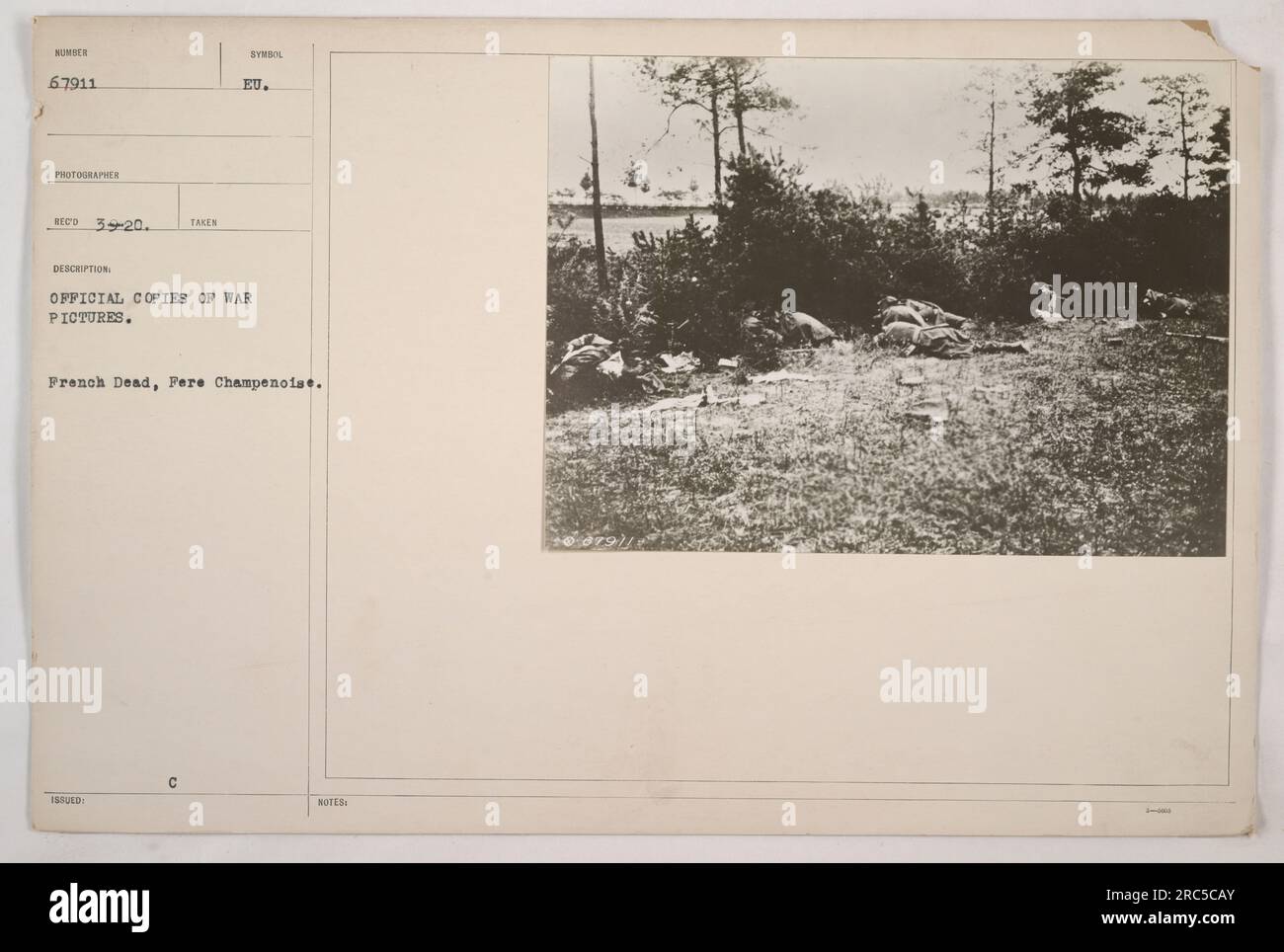 'Official copies of war pictures showing French soldiers killed in action at Fere Champenoise. The picture is numbered 67911 and was received by the photographer on 39-20. The description symbol represents the official nature of these copies. The location of the photograph is noted as Pere Champenoise.' Stock Photo