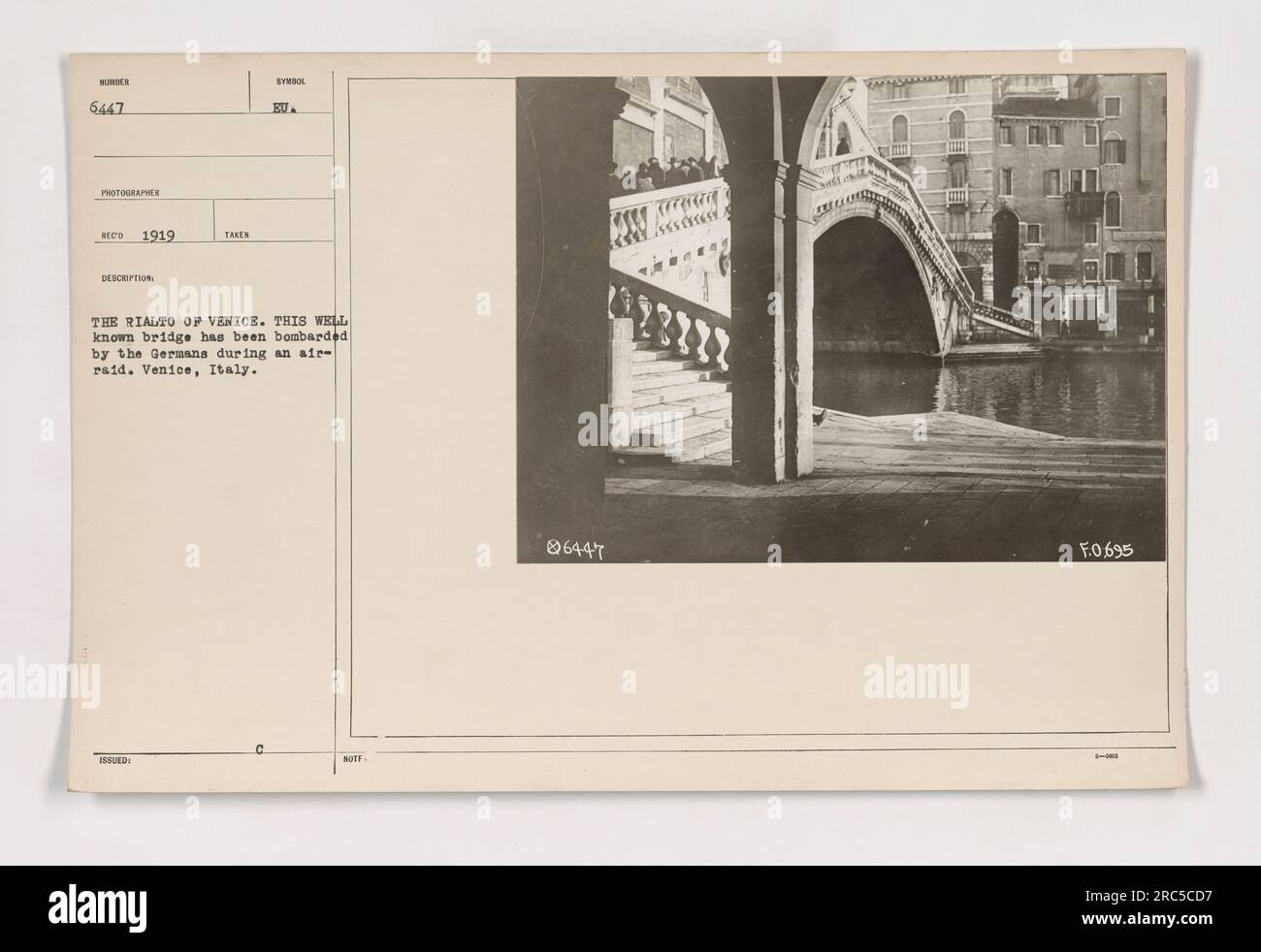 A damaged view of the Rialto Bridge in Venice, Italy, during World War ...