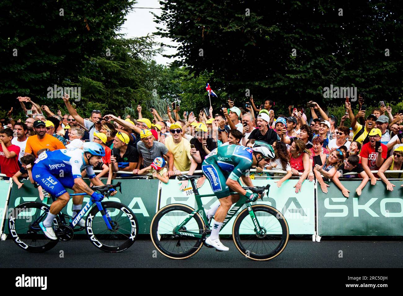 Moulins, France. 12th July, 2023. Belgian Jasper Philipsen of Alpecin-Deceuninck sprints to the finish of stage 10 of the Tour de France cycling race, from Clermont-Ferrand to Moulins (179, 8 km), France, Wednesday 12 July 2023. This year's Tour de France takes place from 01 to 23 July 2023. BELGA PHOTO JASPER JACOBS Credit: Belga News Agency/Alamy Live News Stock Photo