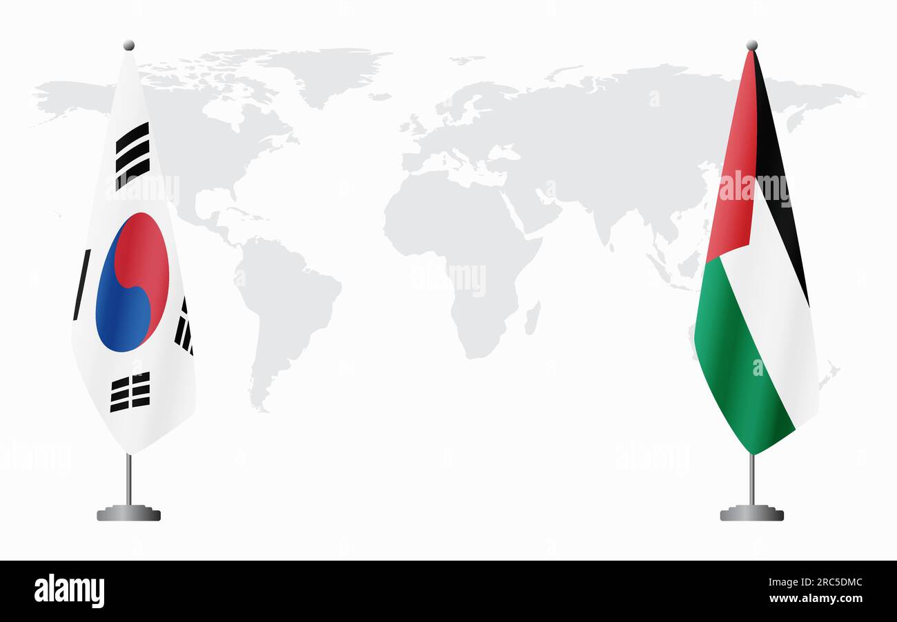 South Korea and Palestine flags for official meeting against background of world map. Stock Vector