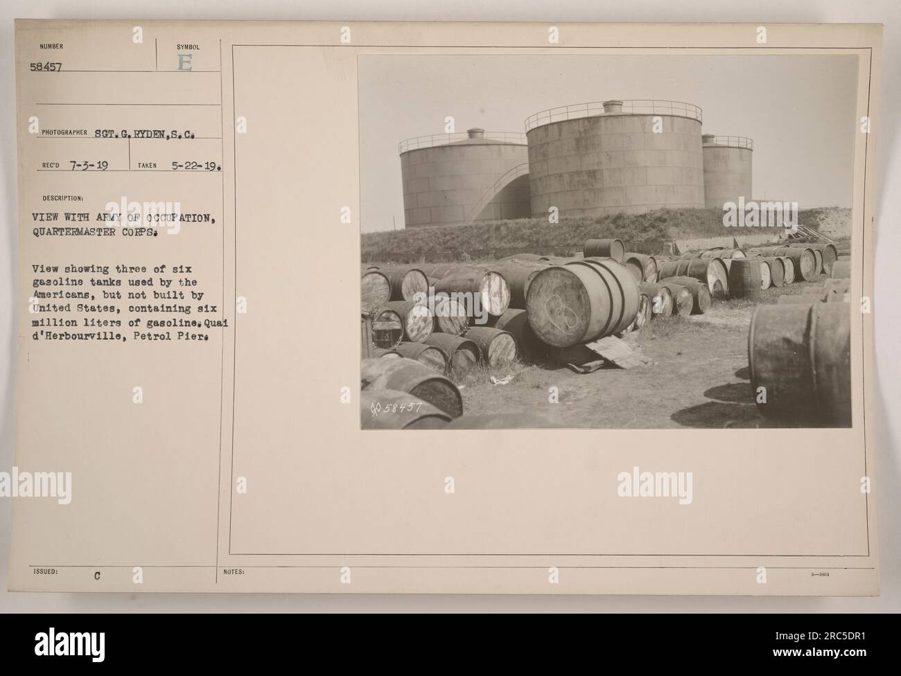 Three of six gasoline tanks used by the American Army of Occupation, QuarterMaster Corps, containing six million liters of gasoline. These tanks were not built by the United States and are located at the Quai d'Herbourville, Petrol Piers. Photograph taken on May 22, 1919, by SOT. G. Ryden.S.C. (Source: 4058457) Stock Photo