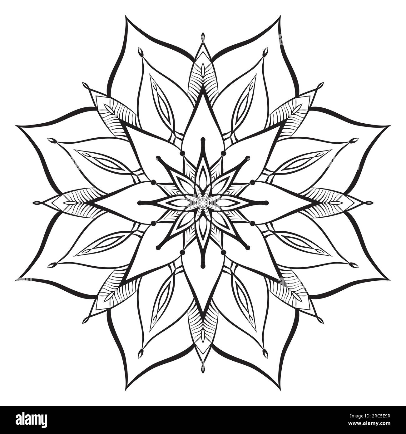 Flower mandala coloring page. Simple symmetric floral shape for mindful coloring Stock Vector