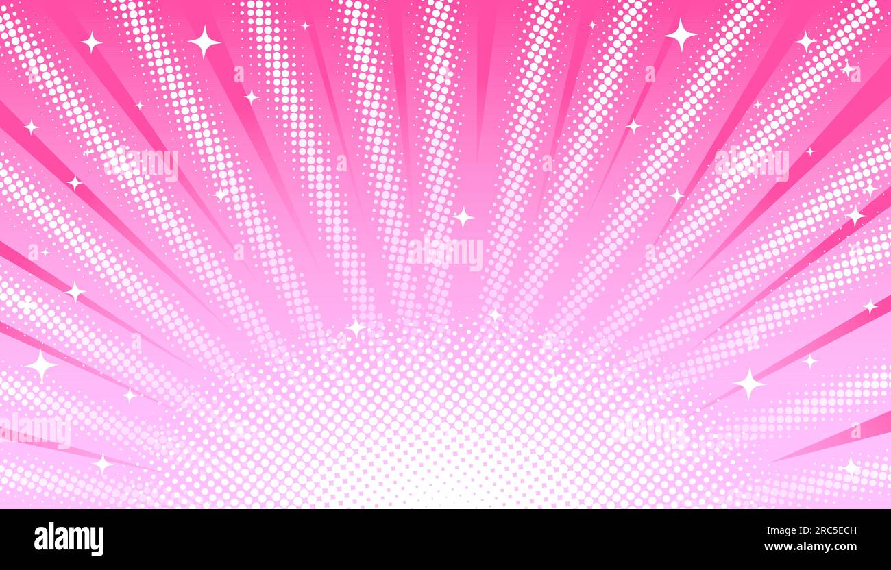 Pink pastel light rays background with halftone effect and stars in manga, comics style. Vector image of stage lights and spotlights, concert, holiday Stock Vector