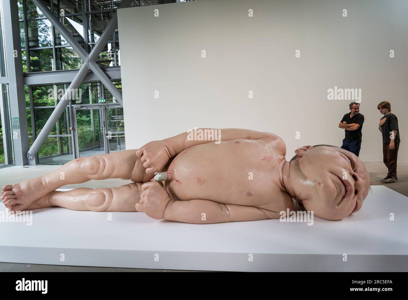 A Girl (2006), sculpture of a gigantic newborn by, Ron Mueck, Fondation Cartier, a contemporary art museum,  located in a glass building designed by P Stock Photo