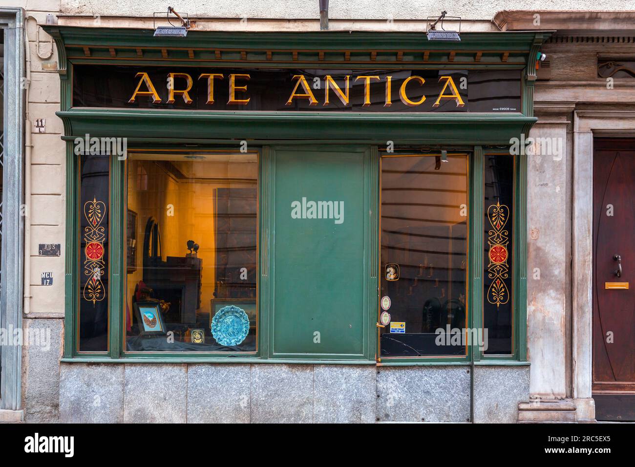 Turin, Italy - March 27, 2022: Shop window and signage of Arte Antica shop in Turin, the capital of Piedmont, Italy. Stock Photo