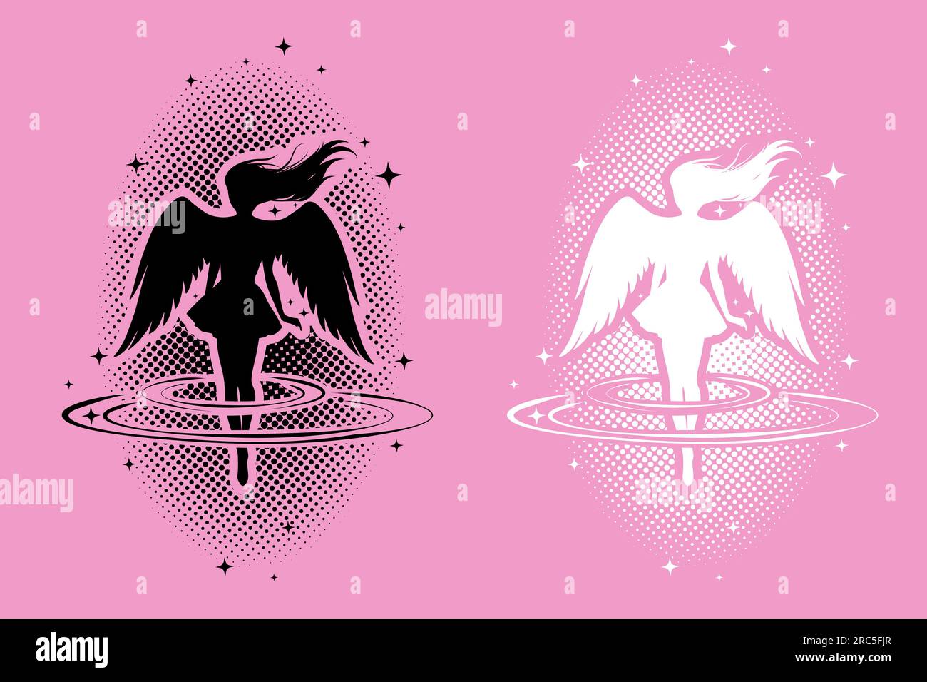 Set of silhouettes of anime girls with wings, angels, sorceresses. Vector black image in manga and anime style on a white background. Stock Vector