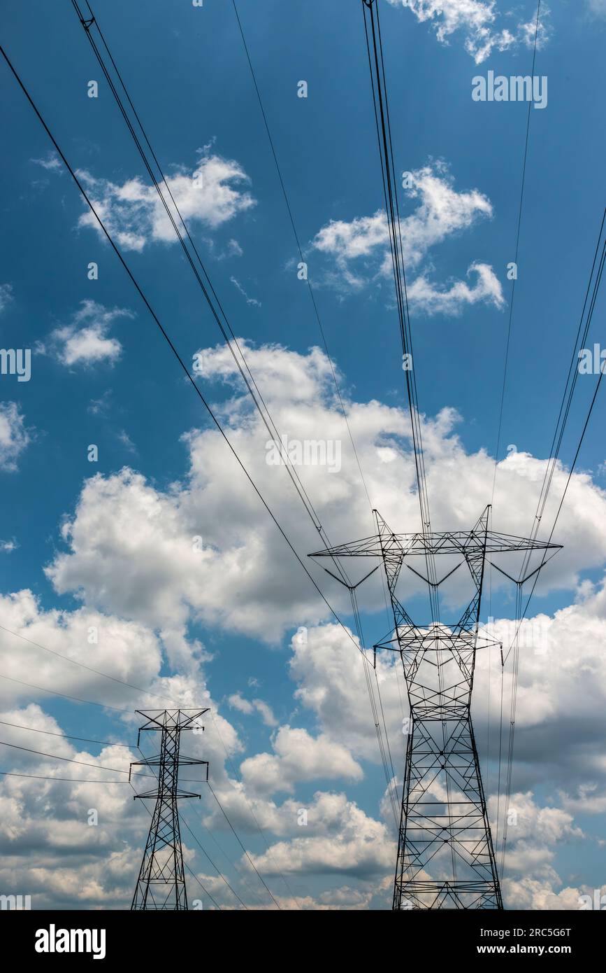 Vertical shot of power lines with white puffy clouds and a blue sky. Stock Photo