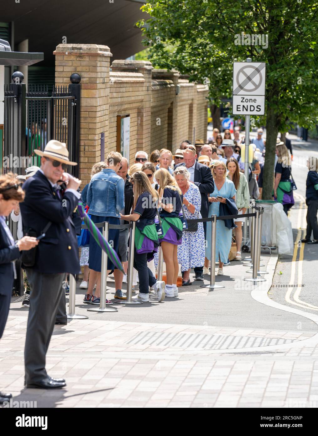 London, UK. 13th July, 2023. large queues amid tight security at the All England Lawn Tennis Club, Wimbledon during the tennis. Credit: Ian Davidson/Alamy Live News Stock Photo