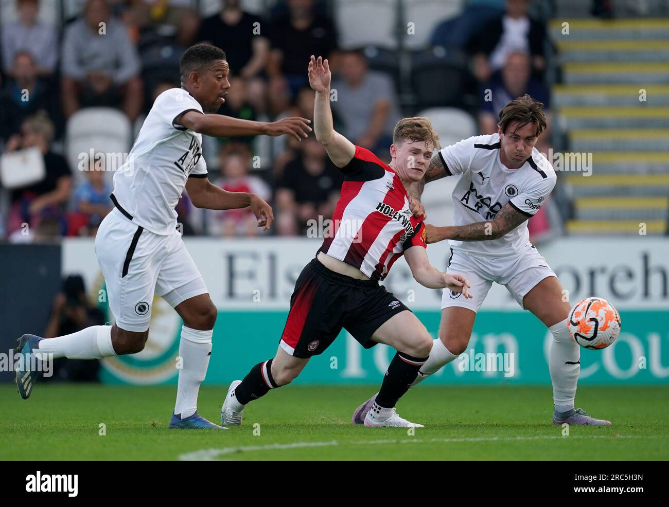 Boreham Wood's Angelo Balanta (left) and Cameron Coxe battle with