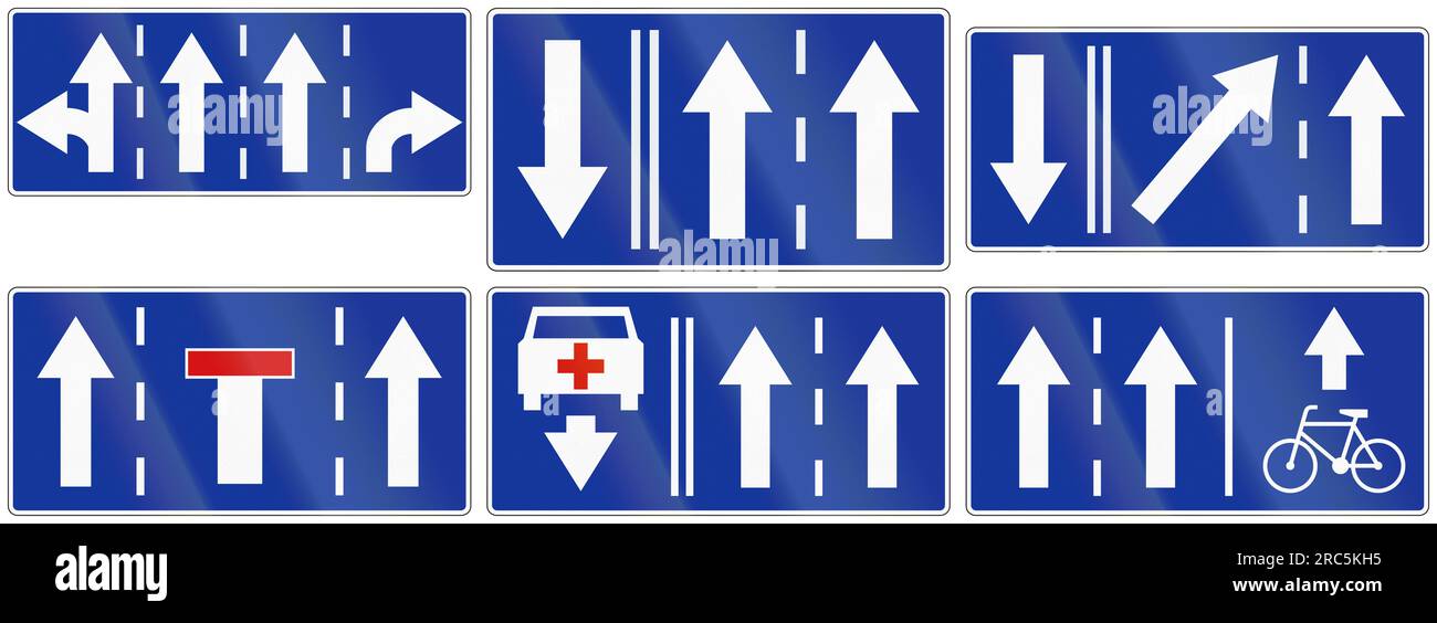 Collection of Polish traffic signs giving information about lane usage. Stock Photo