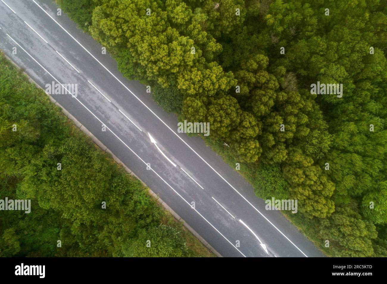 Aerial view road in the middle forest Stock Photo - Alamy