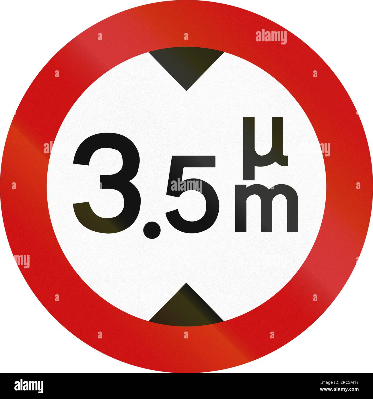Greek sign prohibiting thoroughfare of vehicles with a height over 3.5 meters. The upper token is the Greek letter m/mu. Stock Photo
