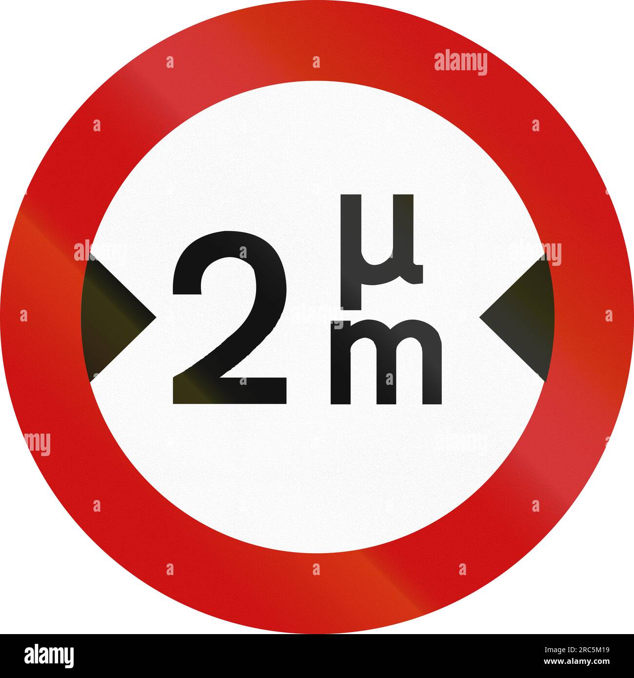 Greek sign prohibiting thoroughfare of vehicles with a width over 2 meters. The upper token is the Greek letter m/mu. Stock Photo