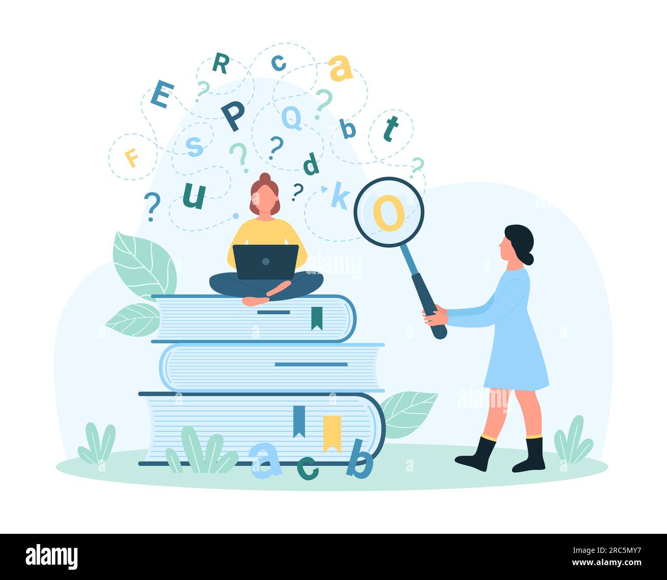 Dyslexia, disability disorder vector illustration. Cartoon tiny people study near stacks of big books, help to solve learning problem, look at letters in chaos of cloud through magnifying glass Stock Vector