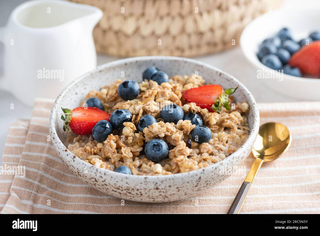 Breakfast oat honey granola soaked in oat milk served with fresh berries, closeup view Stock Photo