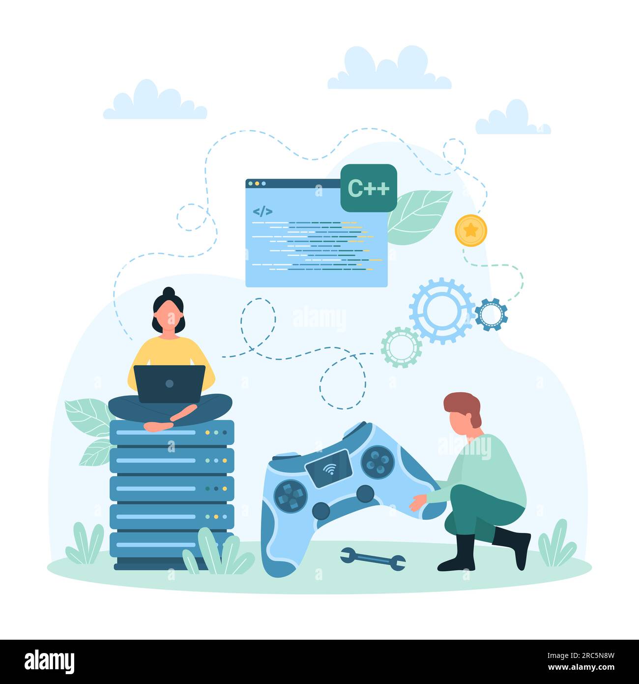 Game development and production vector illustration. Cartoon tiny people repair gamepad and develop online video games, developers programming application and software, coding in editor on screen Stock Vector
