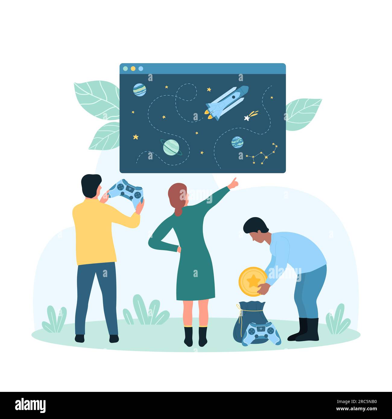 Gamification, game in virtual world vector illustration. Cartoon tiny people play video game with gamepad, gamers travel in digital simulation of space and control with buttons spaceship on screen Stock Vector