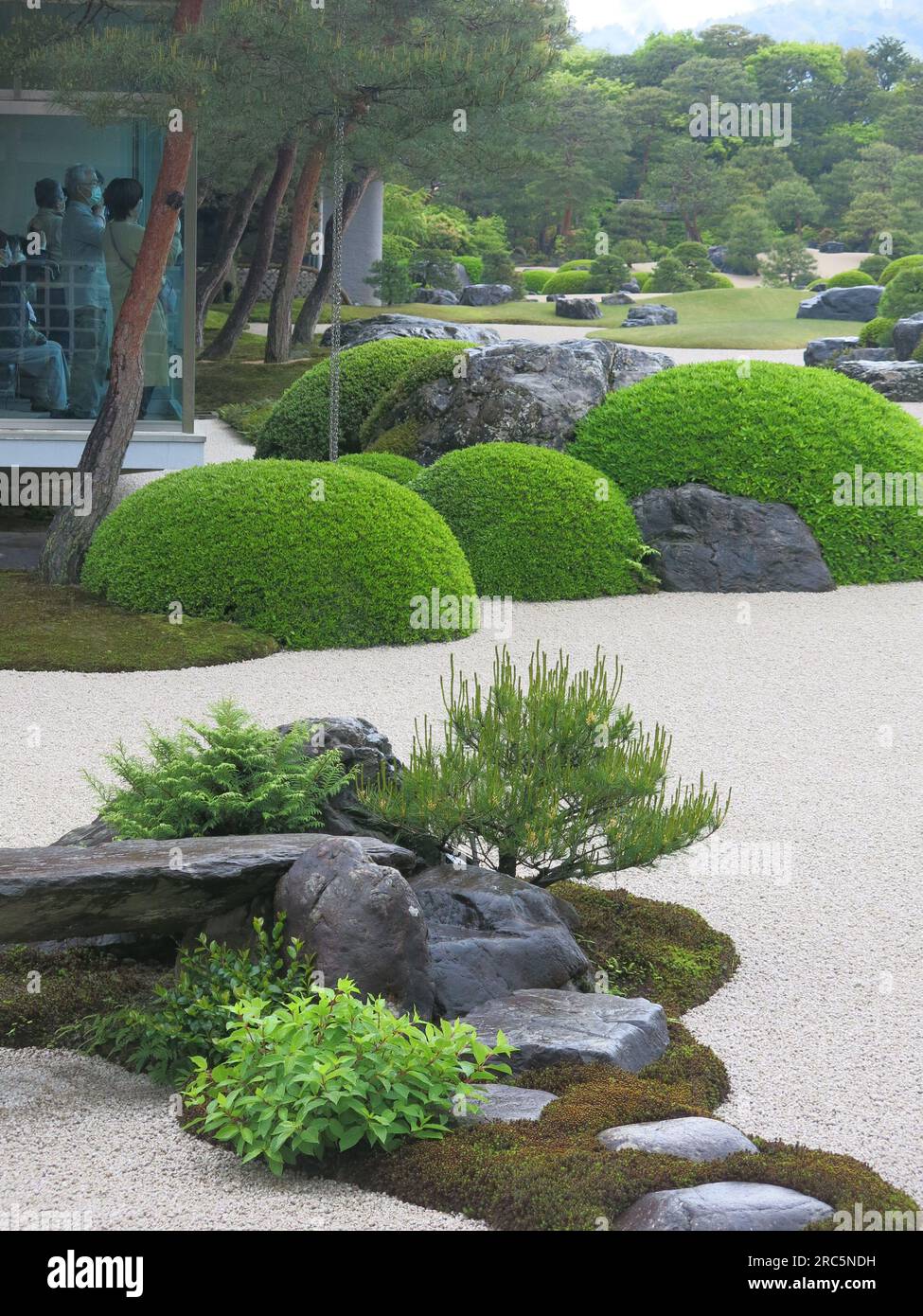 Elements of Japanese garden design: rocks, moss, gravel, pines and cloud-pruning are all present in the gardens at the Adachi Museum of Art. Stock Photo