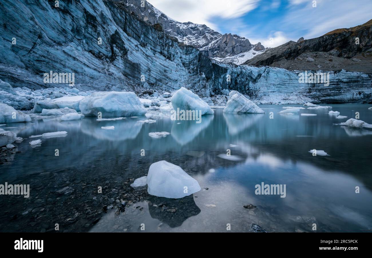 Fantastic glacier Lake in Uri, Switzerland, Europe - glacier in the back and also ice on its lake Stock Photo