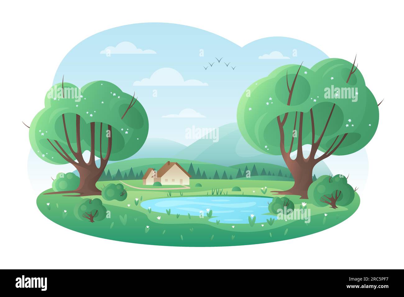 Spring lake landscape vector illustration. Cartoon cute nature scene ...