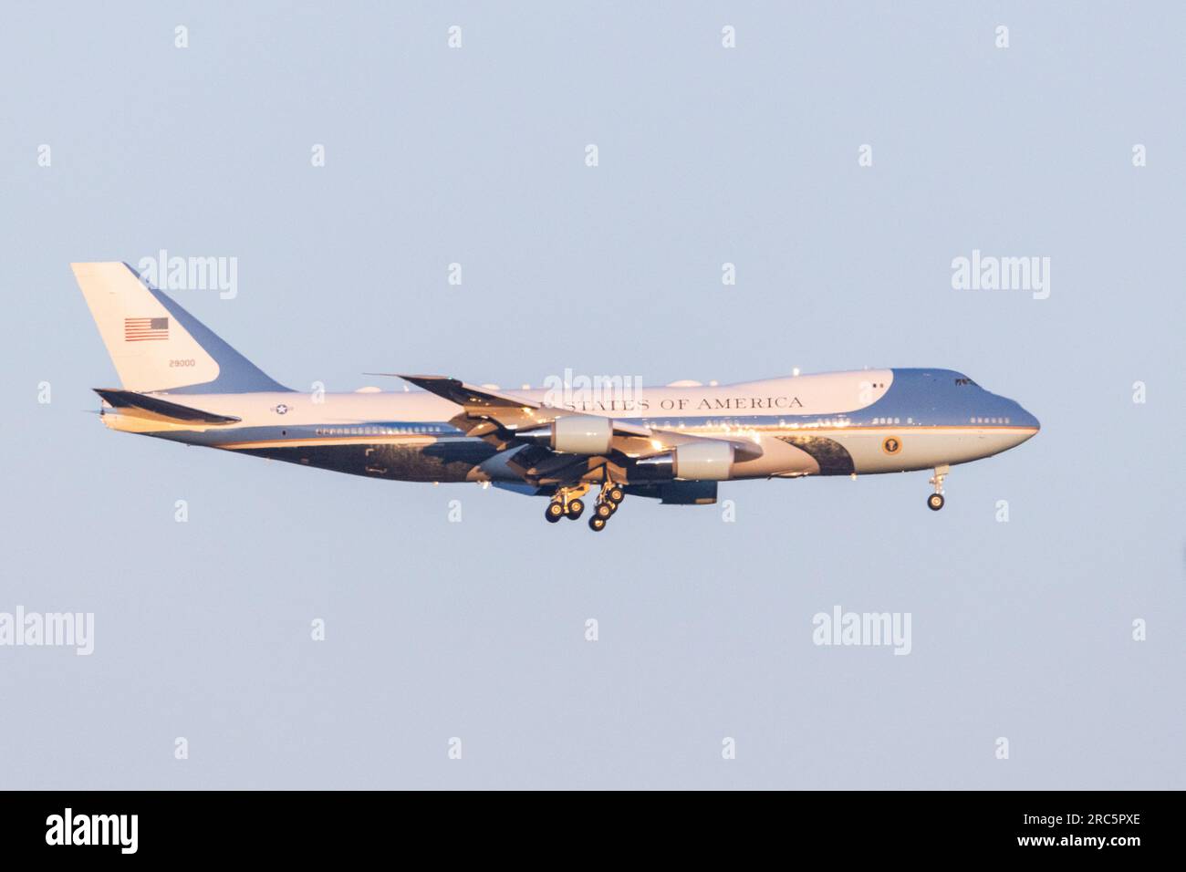 The US Airforce presidential aircraft VC-25A with the call-sign Airforce One landing to Helsinki, Finland with president Joe Biden onboard. Stock Photo