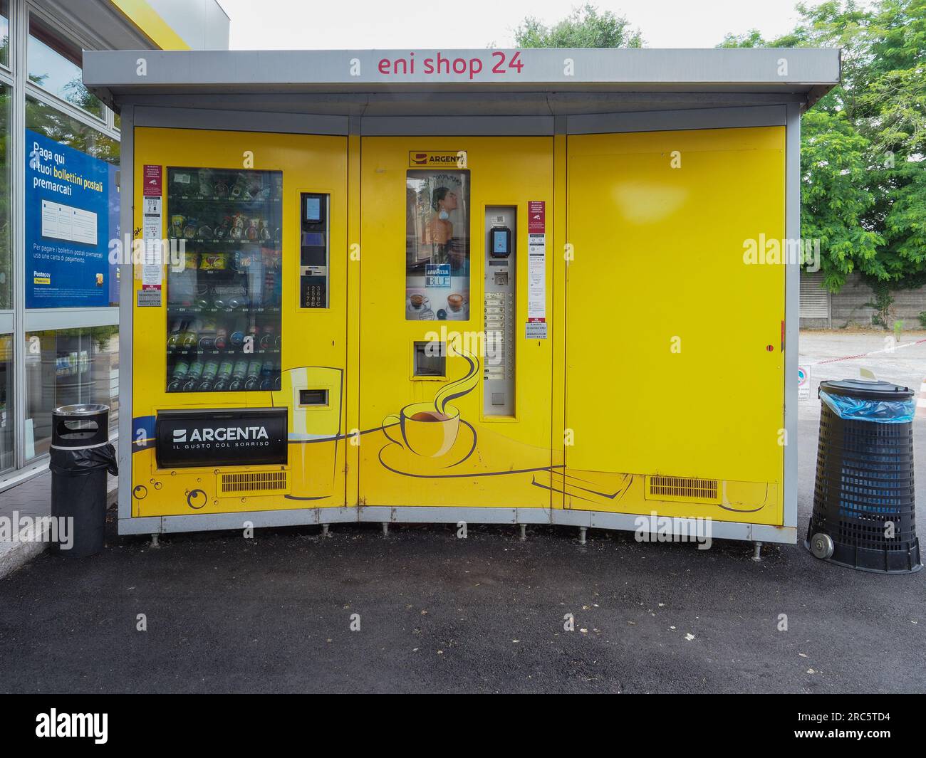 Cremona, Italy July 3 20223 Self service bar modern fuel pump at Eni